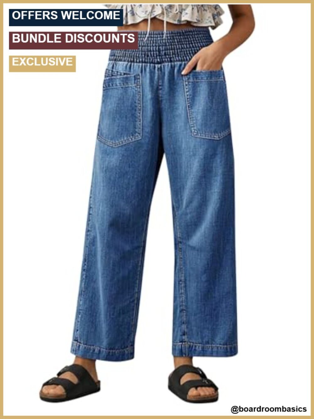 Wide Leg Jeans Pull On Stretchy High Rise Denim Pants